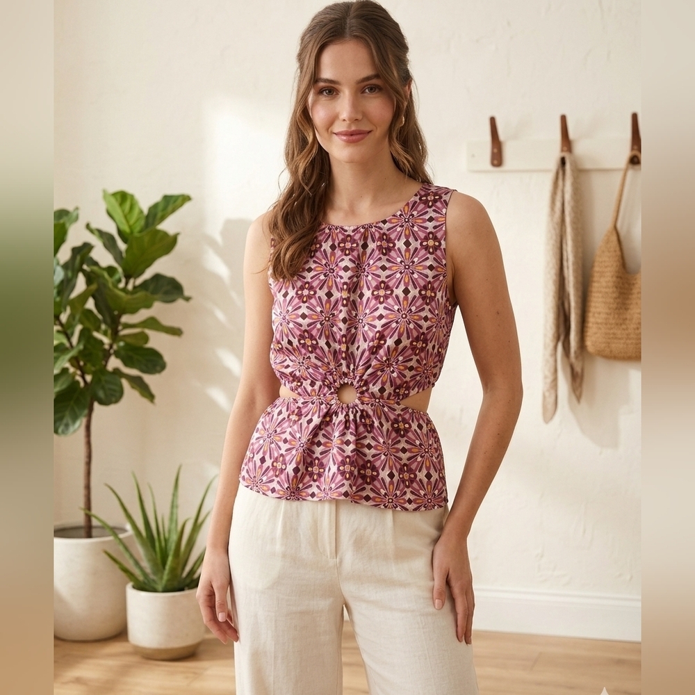 Monteau Floral Pink and Purple Sleeveless Blouse